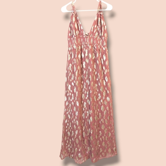 Altar'd State Pink Rose Shimmery Metallic V-Neck Sleeveless Flowy Maxi Dress - Picture 2 of 10